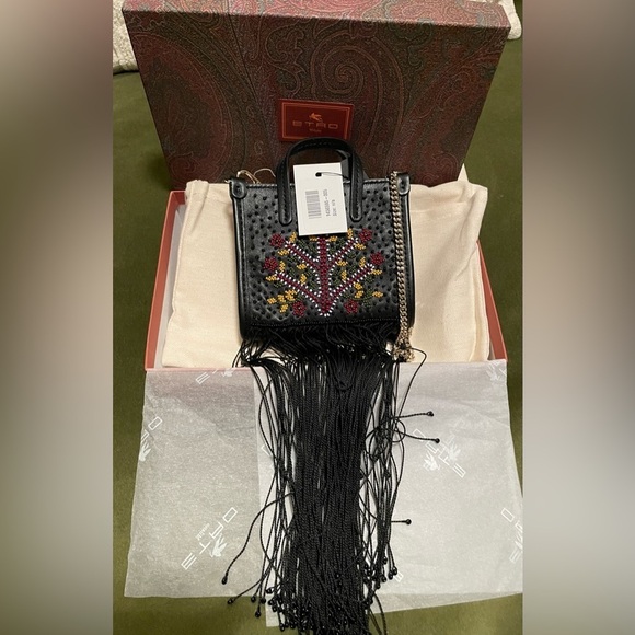 NEW ETRO Black Fringed Beaded Leather Bag Full Inclusion - Picture 5 of 8